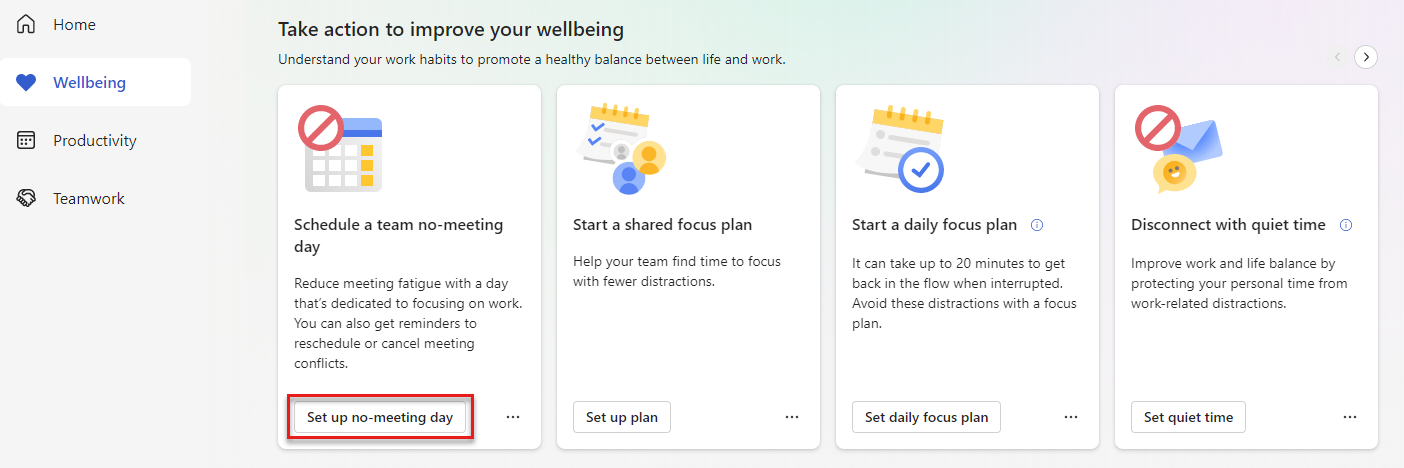 Screenshot of the Take action section with Set up no meeting day button highlighted