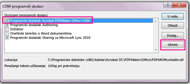 Potvrdite izbor u polju za na Acrobat PDFMaker Office COM programski dodatak i kliknite na dugme ukloni.