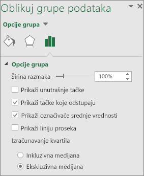 Okno zadatka „Oblikovanje grupe podataka“ prikazuje opcije grafikona Box i Whisker u sistemu Office 2016 za Windows