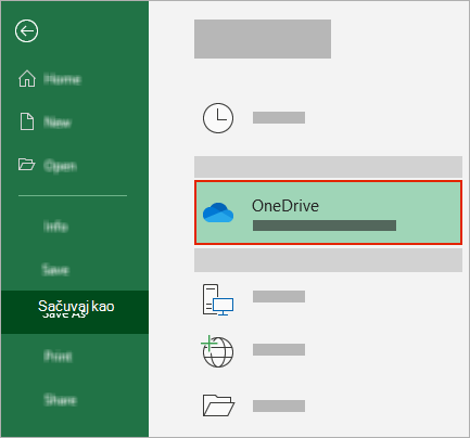 Office dijalog "Sačuvaj kao" koji prikazuje OneDrive fasciklu