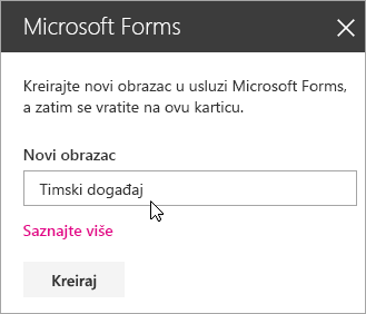 Tabla veb segmenta Microsoft Forms za novi obrazac.