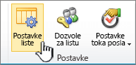 Dugme "postavke liste" na traci stranice