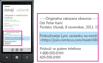 Snimak ekrana koji prikazuje broj telefona dolaznog poziva i dugme za odgovaranje u programu Lync za mobilne klijente