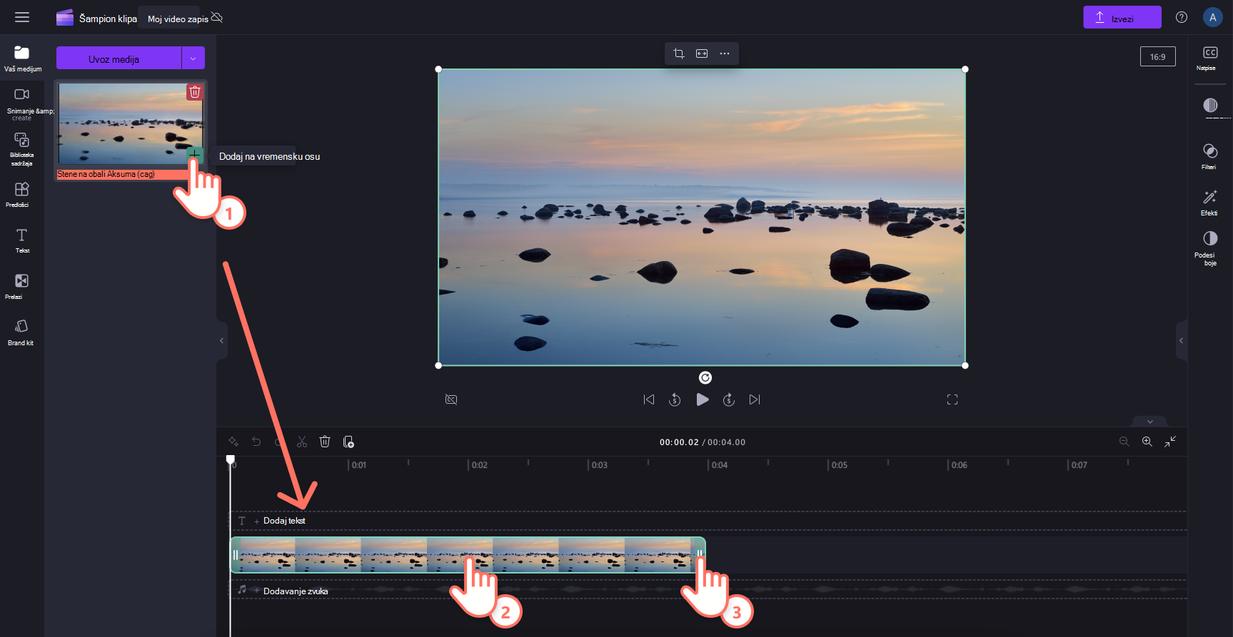 Slika korisnika koji dodaje sliku na vremensku osu, a zatim klikne na nju da bi skratio klip.