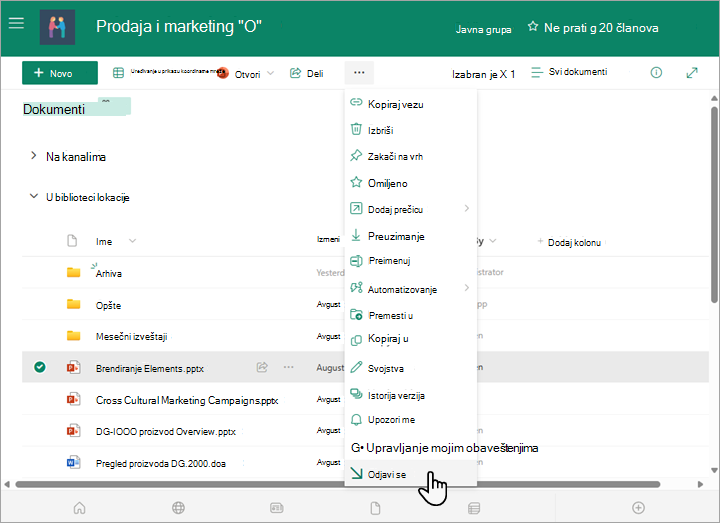 Izaberite opciju odjavljivanja iz menija Više iznad liste dokumenata.