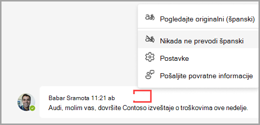 Izaberite opcije prevođenja preko prevedene poruke da biste otkrili više opcija.