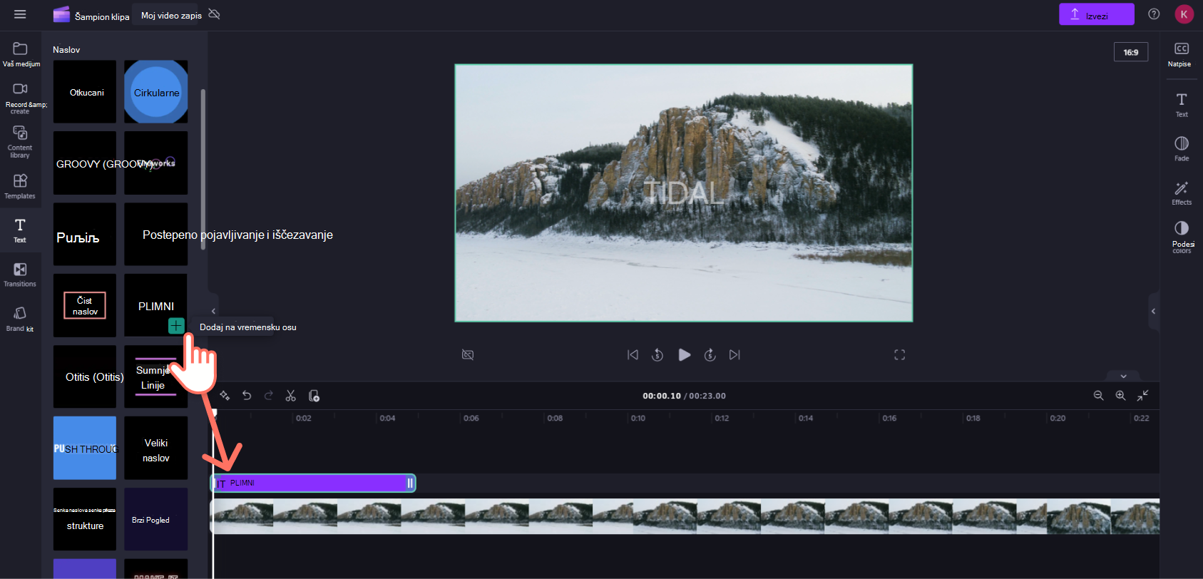 Snimak ekrana Clipchamp prevlačenje animiranog resursa naslova na vremensku osu uređivanja.