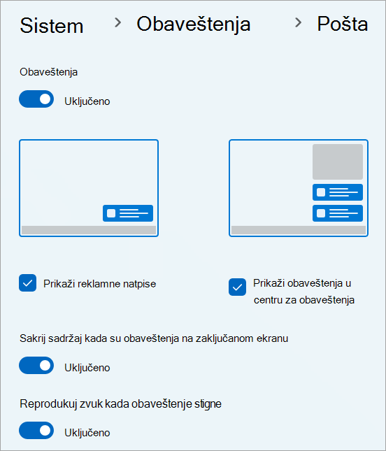 Postavke obaveštenja za aplikaciju "Pošta" Windows 11.