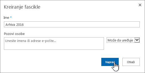 SharePoint 2016 dijalog "Deljenje nove fascikle"