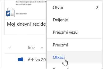 Istaknuta stavka menija "Otkači" u kontekstualnom meniju datoteke