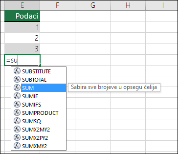 Automatsko dovršavanje Excel formule