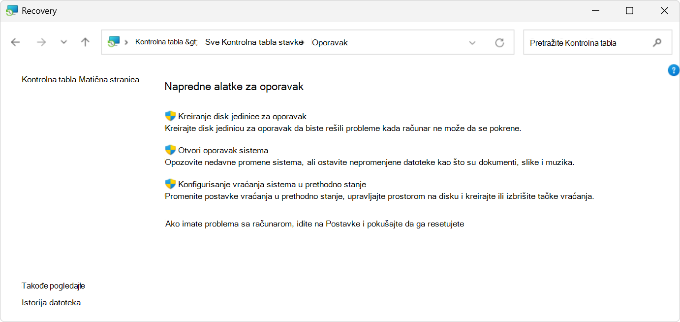 Snimak ekrana opcija za oporavak u Kontrolna tabla.