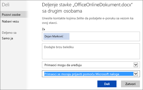 Snimak ekrana dijaloga „Deljenje“ koji prikazuje opciju „Primaoci se moraju prijaviti pomoću Microsoft naloga“