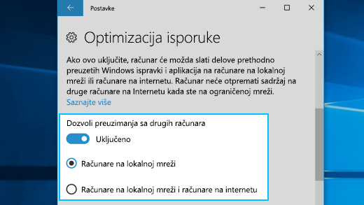 Postavke optimizaciju isporuke u programu Windows 10