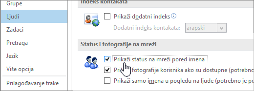 Osobe kartica u dijalogu "Opcije" sa istaknutom stavkom "Prikaži status na mreži"