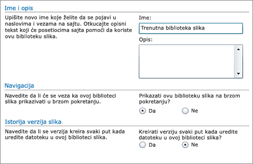 Dijalog za dodavanje imena, dijagrama, navigacije za brzu pokretanje i kreiranja verzija.