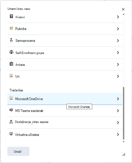 Priložite OneDrive datoteku zadatku pomoću menija "Prilaganje brzog povezivanja dodele brightspace".