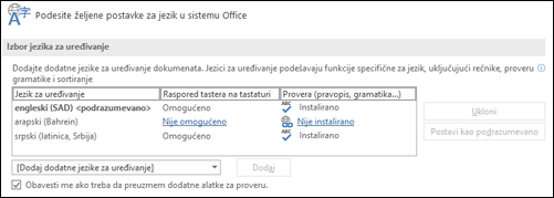 Dijalog u koji možete da dodate, izaberite ili uklonite jezik koji Office koristi za alatke za uređivanje i proveru.
