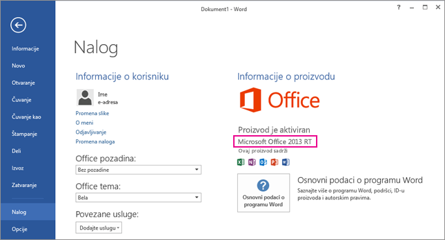 Word RT showing the File > Account window