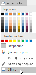Snimak ekrana opcije „Popuna slike“ stavke „Popuna oblika“ na kartici „Oblikovanje“ u programu Publisher.