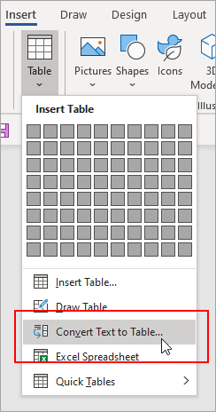 Opcija „Konvertuj tekst u tabelu“ je markirana na kartici „Umetanje“.