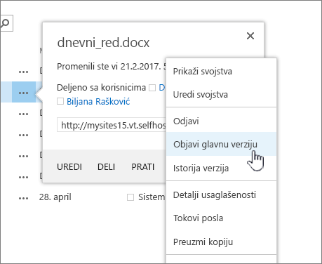 Izaberite stavku "Objavi glavnu verziju"