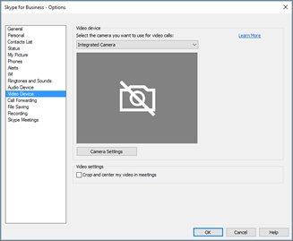 Video device settings, Crop and center my video in meetings check box