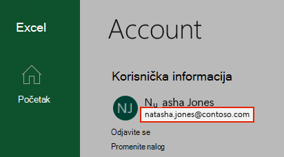 Snimak ekrana koji prikazuje korisnički nalog u programu Excel.