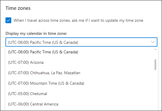 Izbor vremenske zone programa Outlook Web