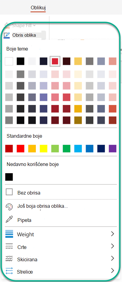 Na kartici Oblik, u okviru Obris oblika možete da izaberete boju koju ćete primeniti na trenutno izabrani oblik.