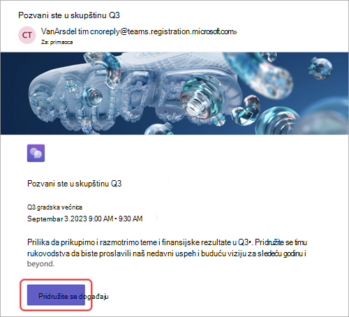 Screenshot showing email invitation received by attendees, with Join event highlighted