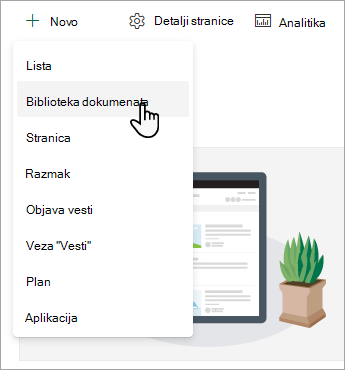 Da biste kreirali novu biblioteku dokumenata, izaberite stavku Novo, a zatim stavku Biblioteka dokumenata.