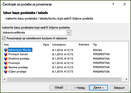 Data connection wizard > Select database and table