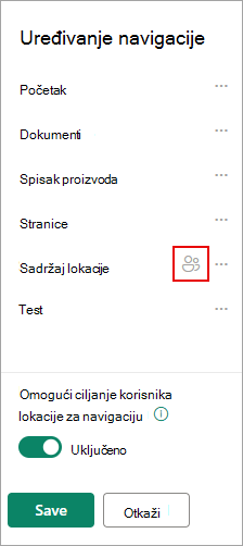 U okviru Uređivanje navigacije ikona potvrđuje ciljane veze.