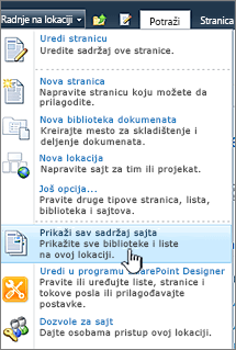 Prikaz sadržaja lokacije u meniju "Radnje na lokaciji"