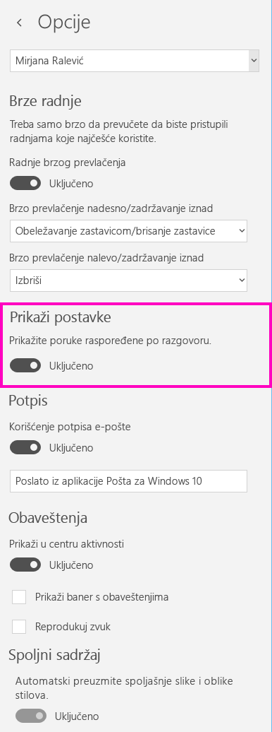 Isključite prikaz razgovora u aplikaciji „Pošta“ za Windows 10