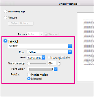 The Insert Watermark dialog box with a highlight around the Text options