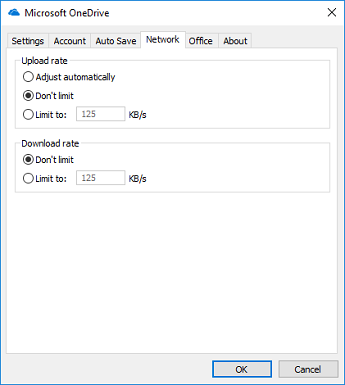 Kartica "mreža" u dijalogu "Postavke usluge OneDrive"