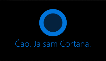 Cortana logotip i reči "Zdravo. Ja sam Cortana".