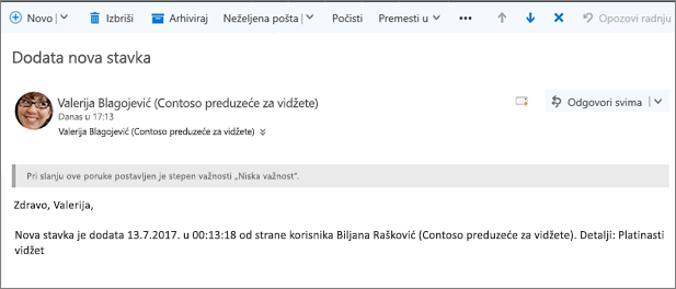 E-poruka koju Microsoft Flow kada je stavka promenjena