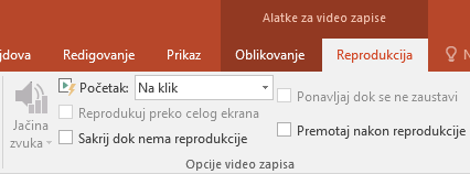 Kartica „Reprodukcija“ na traci programa PowerPoint ima opcije za izbor načina reprodukcije video zapisa.