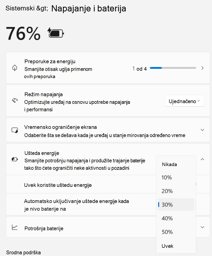 Snimak ekrana postavki > sistema > napajanja i baterije > uštede energije