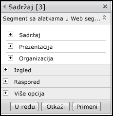 Okno sa alatkama veb segmenta sadržaja