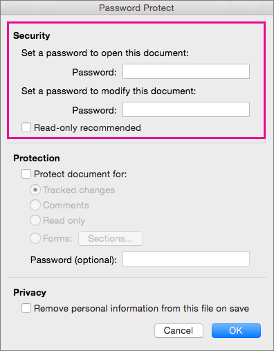 On the Password Protect dialog box, Security is highlighted