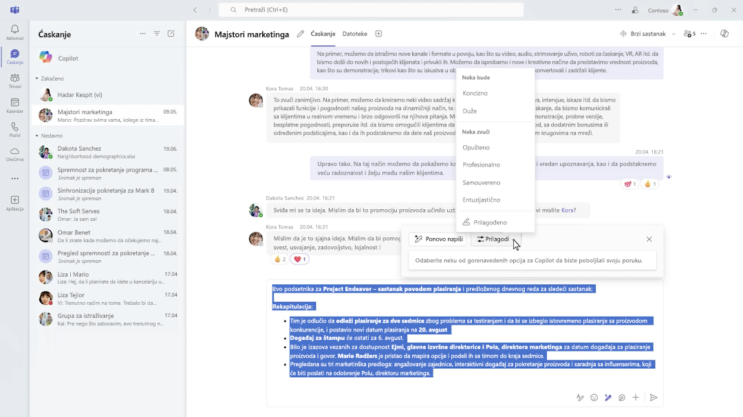 „Sastavi“ u usluzi Copilot u ćaskanju na aplikaciji Microsoft Teams.