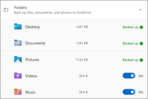 The Folders section of Windows rezervne kopije.