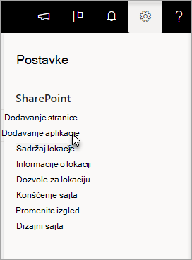 Meni „Postavke“ sa istaknutom stavkom „Dodaj aplikaciju“