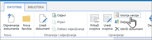 Kartica „Datoteka“ sa markiranom stavkom „Istorija verzija“