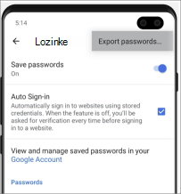 Lokacija lozinki za Izvoz Android Chrome uređaja
