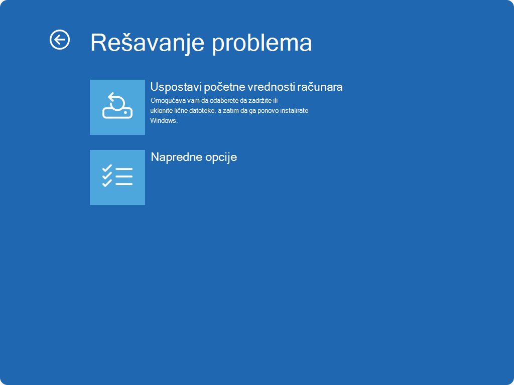 Snimak ekrana Windows RE – rešavanje problema sa ekranom.